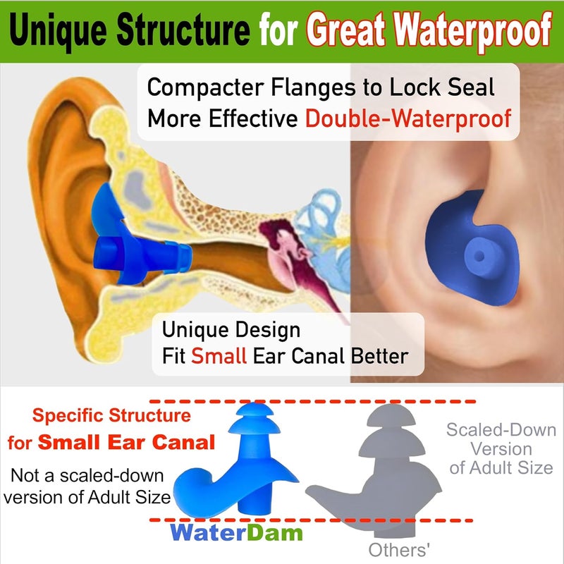 WaterDam A-Series Swimming Ear Plugs Ultra Comfy Great Waterproof Earplugs (Mixed Sizes, Size 1+2A: Small Ear Women Teens Kids (Blue Green)) - Image 3